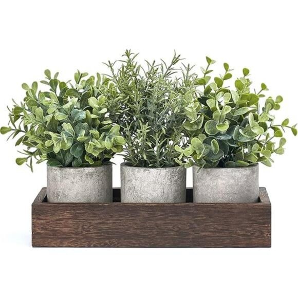 Set of 3 mini potted artificial eucalyptus plants with wood tray farmhouse decor - Picture 7 of 7